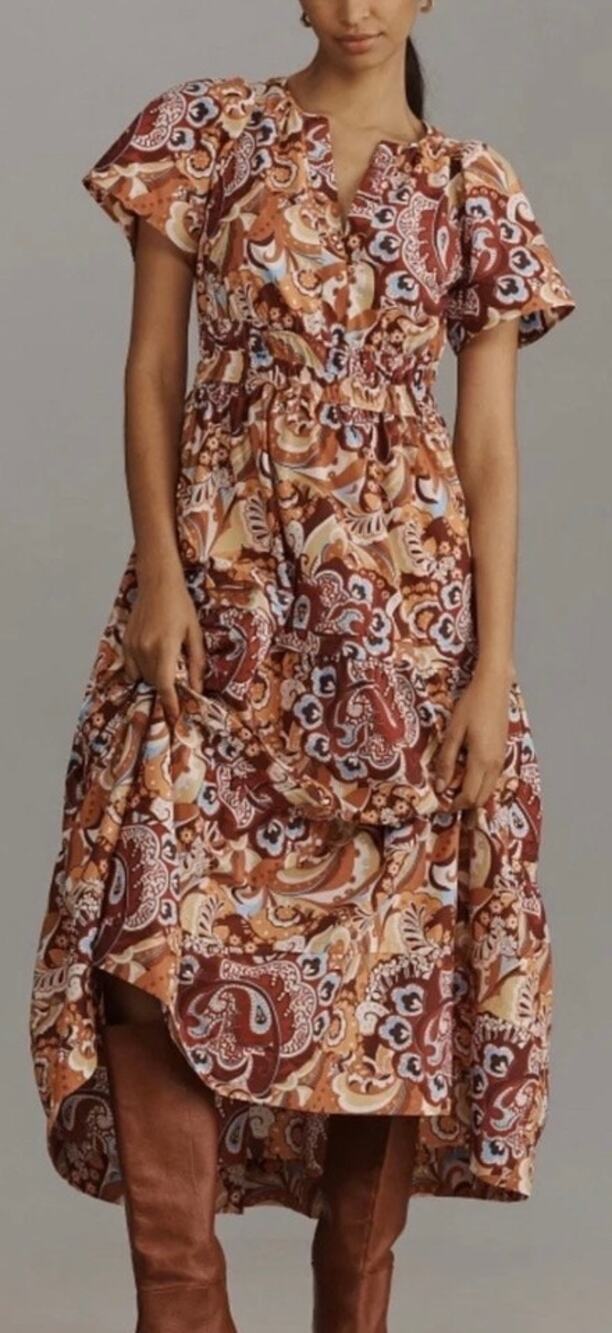 Anthropologie Somerset Maxi Dress S Retro Paisley Floral 100% Cotton Smocked